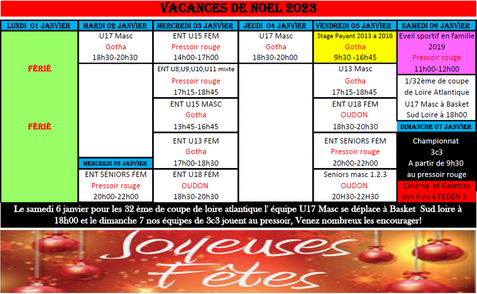 Planning des vacances de Noël !