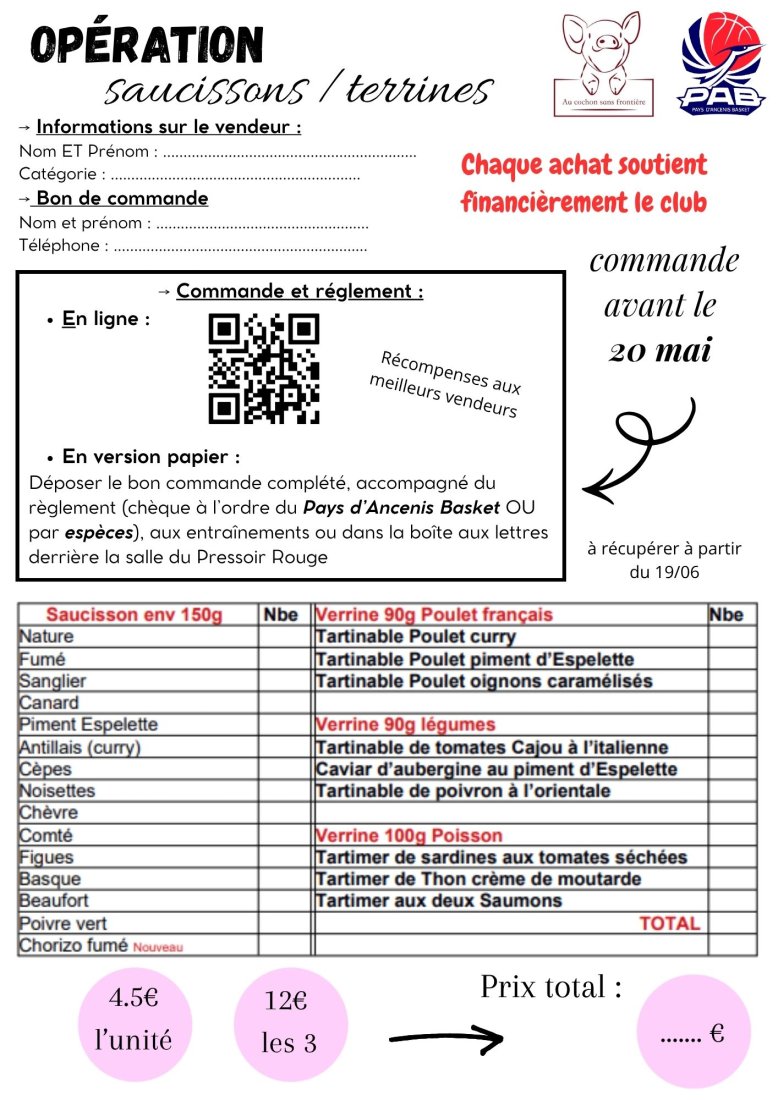 Vente de Saucissons et Tartinables au profit du club